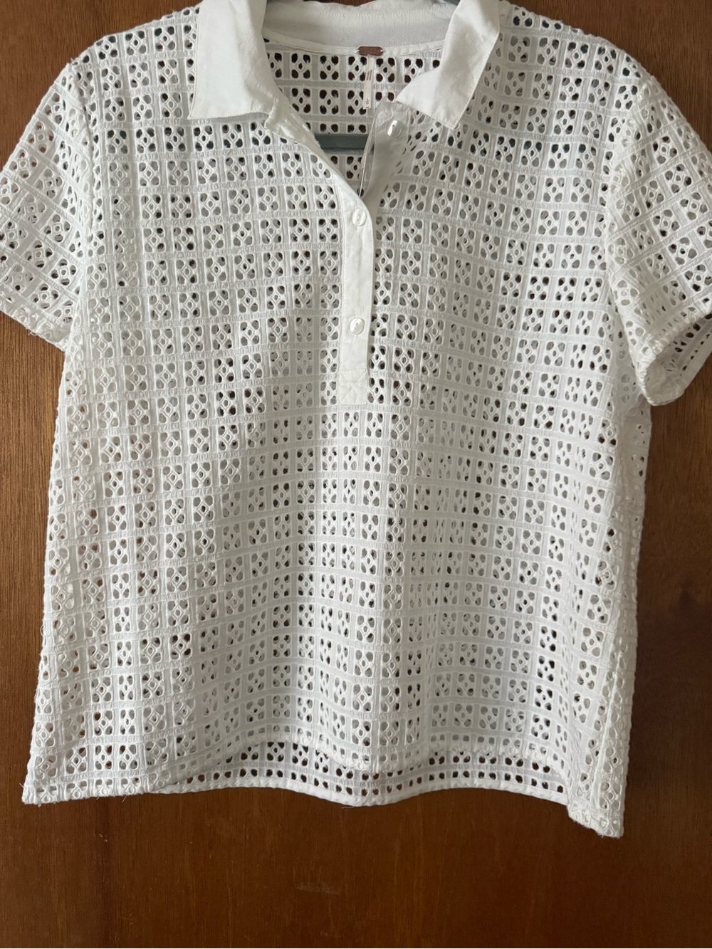 Free People White Eyelet Button-Down Polo